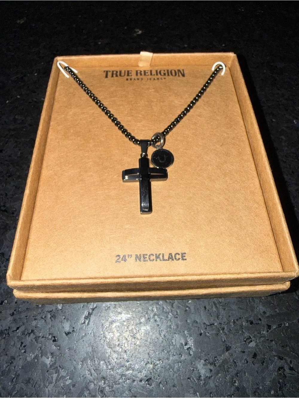 NEW True Religion Men’s Black 24” Necklace & Cross Pendant Logo Charm